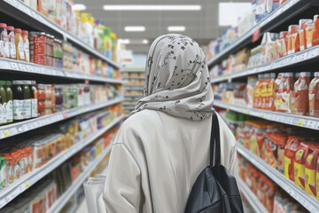 Sticker - Woman in hijab shopping in supermarket aisle for groceries and household products