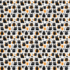 Seamless background with a plump black cat and irregularly arranged orange circles 통통한 검은 고양이와 주황색 동그라미가 불규칙하게 배열된 이음새가 없는 배경지