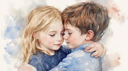 Tender watercolor painting of two young children embracing, symbolizing kindness, empathy, and innocence.