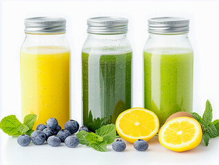 Fresh fruit and vegetable smoothies or juice in bottles with various ingredients around 