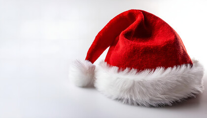 A vibrant red Santa hat with soft white fur trim lying on a clean white background, evoking festive warmth and holiday cheer.