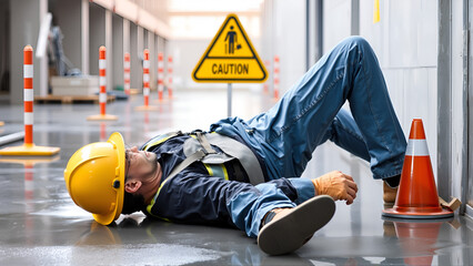 Construction worker slip and fall on wet floor. Safety first, accident caution at construction site. Vector.