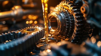 Poster - Close-up of engine oil pouring onto gears.