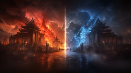 Wall Mural - Two buildings, one red and one blue, with a fire in the red one. The fire is surrounded by people