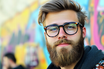 Portrait of a hipster with a beard and trendy glasses in front of a graffiti-covered wall.