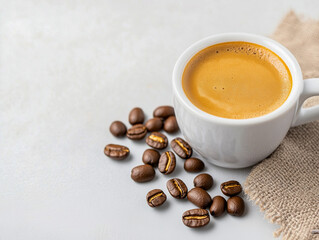 hot espresso and coffee bean on white table with soft-focus and over light in the background. top view