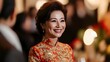 © cynz - A woman in a traditional Vietnamese Ã¡o dÃ i, smiling gracefully as she engages in conversation at a chic evening party, her face full of elegance and warmth