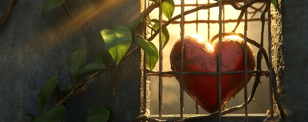 Canvas Print - A red heart shape encased in a wire mesh with vines growing around it with sunlight shining through.