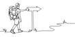 © Line emotion - Single continuous line drawing direction pointer hiker man backpacks hiking traveling and tourism. Trekking wild nature recreation and sport backpacking trip, One line design modern illustration.