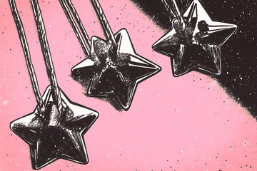 Decorative silver star-shaped pendants hanging on colorful string against a contrasting pink background