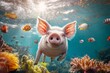 © Olsek - A playful pig swims joyfully in a vibrant underwater paradise. Colorful fish swim around the smiling pig in stunning coral reefs. This whimsical scene captivates the imagination. Generative AI