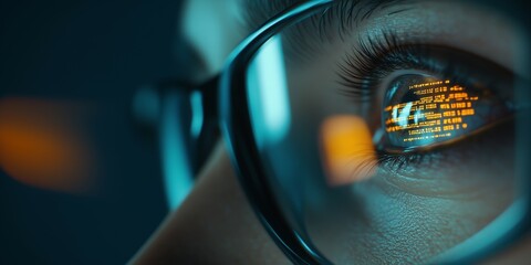 Close-up of an eye with code reflected in glasses