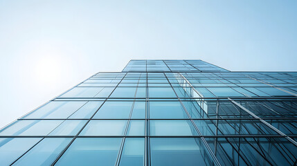 Modern glass office building with reflections windows, in a low angle view, with a white sky background