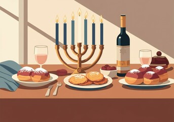 Wall Mural - Festive still life capturing the warm glow of hanukkah with a menorah, traditional treats, and wine