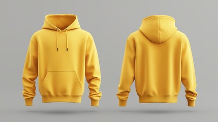 Yellow hoodie mockup showing both front and back views 3D rendering of an empty crewneck hooded sweatshirt isolated for a loose overall fabric jumper. Generated by AI.