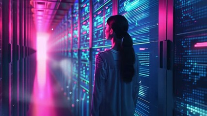 Leinwandbilder - A woman stands in awe as she observes a futuristic data center illuminated by colorful lights and digital patterns, showcasing advanced technology and innovation.