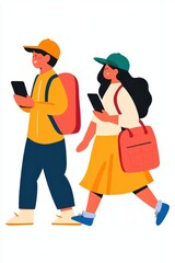 Two young people walking, using smartphones, casual outfits, white isolate background.