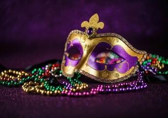 Mardi gras celebration mask with purple, green and gold beads