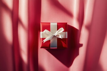 Wall Mural - red gift box with white ribbon casting shadows on pink silk fabric
