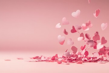 Wall Mural - Pink confetti hearts falling and creating a pile on a pink background