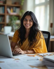 happy indian woman in a saree working on her laptop from home office