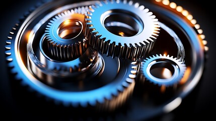 Close-up of shiny metallic gears interlocked,  representing synergy and teamwork.