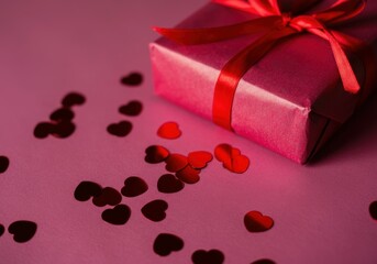 Wall Mural - Red present with matching ribbon lying on a pink surface covered with small hearts