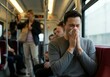 © Alexandra - Sick asian man is blowing his nose with a tissue on a crowded subway train