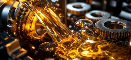 Fototapete - Golden engine oil pouring over metal gears.