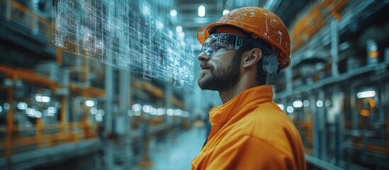 A worker in safety gear analyzes data in an industrial setting.