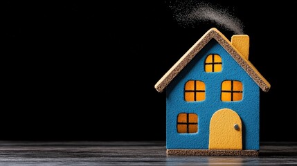 Colorful toy house with smoke, realistic details, isolated on dark background.