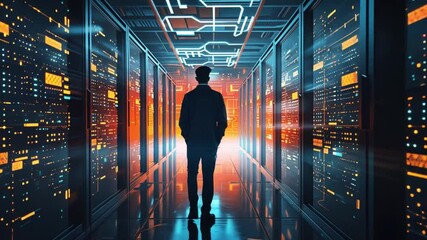 Aufkleber - A lone figure stands in a dimly lit corridor of a modern data center, surrounded by rows of servers glowing with vibrant colors. The atmosphere conveys a sense of technology and isolation.