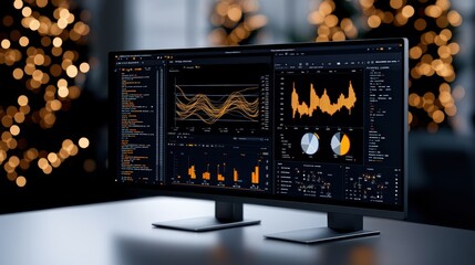Dual monitors displaying data analytics on a modern workspace.