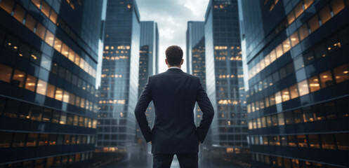 Back view of rich businessman with hands looking on skyscraper building. Confident male manager dreaming about growth his career during work.