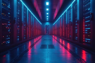 Sticker - A futuristic data center corridor illuminated with vibrant blue and pink lights.