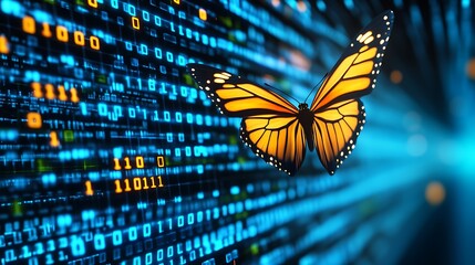 A yellow butterfly with black stripes flies in front of a blue background of binary code.