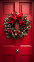 close-up red front door decorated with a christmas wreath