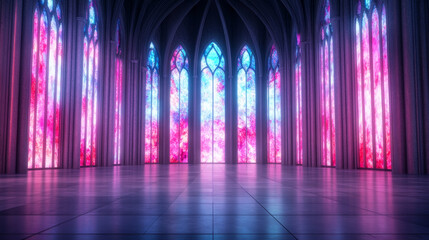 Sticker - A large hall with stained glass windows glowing with pink and blue light.