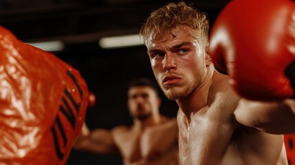 Young male boxer training with focus mitts in a gym during an evening workout session