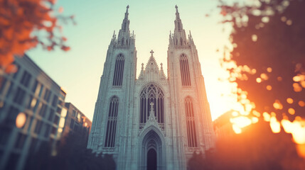 A grand cathedral bathed in the golden glow of the setting sun.