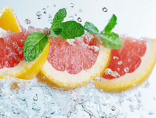 Water splash on grapefruit with mint isolated on white 