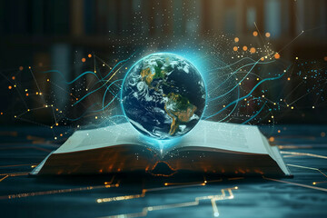Wall Mural - a visually captivating image depicting an open book emitting a glowing earth surrounded by digital c