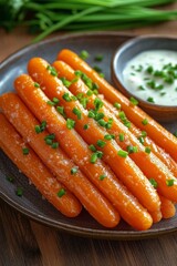 Wall Mural - Freshly cooked carrots garnished with chives on a rustic wooden table