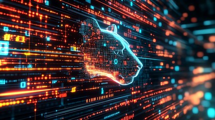 A digital rendering of a tiger's head made of binary code and glowing with vibrant colors.