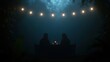 © VaVu  - Romantic evening: silhouettes dining under string lights in mystical forest setting AI generated