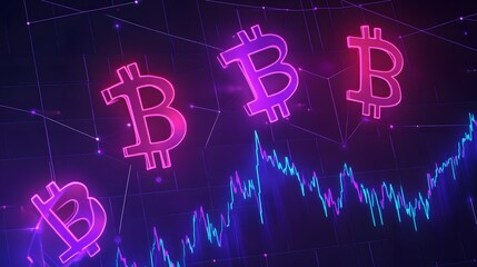 Aufkleber - A digital representation of Bitcoin symbols in vibrant colors, overlaying a fluctuating financial graph, symbolizing cryptocurrency market trends.