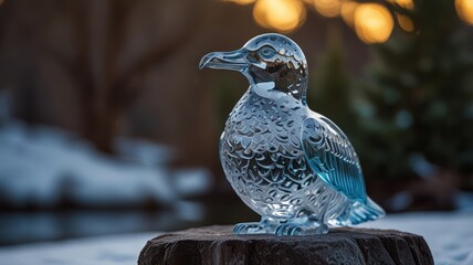 Wall Mural - A crystal bird sculpture sits on a tree stump against a snowy background.