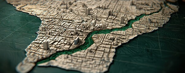 Detailed topographical map with buildings and waterways, textured and artistic design.