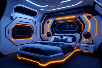 A futuristic bedroom with ambient lighting and modular furniture, creating a sleek, modern space for rest and relaxation