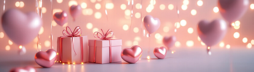 Valentine's Day Celebration, 3D rendering of gift boxes and heart-shaped balloons with glowing lights, set in a pink festive atmosphere on a dreamy pastel background.